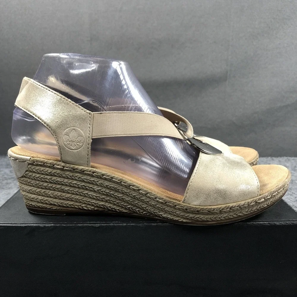 Rieker Wedge Sandals Womens 8 Beige Stretch Espadrille Medallion Comfort